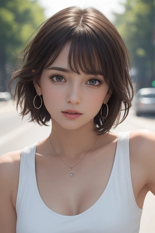 (photograph:1.2)、(photorealistic:1.3)、(masterpiece:1.3)、(Highest image quality:1.4)、ultra high resolution、(detailed eyes)、(detailed facial features)、(Detailed garment features)、8k resolution、solo focus、2 mature woman、small face、no makeup、Detailed beautiful eyes、bangs、dark brown hair、short cut hair、(realistic skin)、beautiful skin、charming、ultra high resolution、Super realistic、High definition、white shirt open,middlebre、small breasts、bust B cup、small breasts、cool beauty、Gray background、cinematic lighting、perfect、soft light、High resolution skin:1.2、realistic skin texture、2 mature woman、small face、no makeup、Bust B Cup、Detailed beautiful brown eyes、short hair、dark brown hair、Cool beauty、gray background high quality、masterpiece、High resolution、1 female、necklace、gem、Earrings、Beautiful Face、Body Up、Tyndall effect、Realistic、Rim Light、Two-tone lighting、(High resolutionスキン:1.2)、8k ウルトラHD、Digital SLR、Soft lighting、high quality、Volumetric lighting、photograph、High resolution、4K、8k、Brown haired woman、Adult、Small eyes、Perfect Mouth、Highly detailed eyes and mouth、Black natural eyes、Pure brown hair color、lol、Caucasian skin color、Hair quality and shine、street、town、road、congestion、lol顔,Upper teeth(Black tank top)