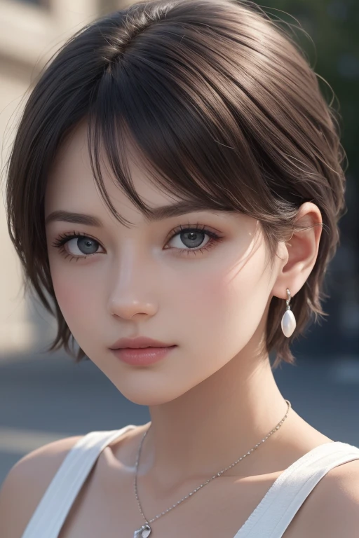 (photograph:1.2)、(photorealistic:1.3)、(masterpiece:1.3)、(Highest image quality:1.4)、ultra high resolution、(detailed eyes)、(detailed facial features)、(Detailed garment features)、8k resolution、solo focus、2 mature woman、small face、no makeup、Detailed beautiful eyes、bangs、dark brown hair、short cut hair、(realistic skin)、beautiful skin、charming、ultra high resolution、Super realistic、High definition、white shirt open,middlebre、small breasts、bust B cup、small breasts、cool beauty、Gray background、cinematic lighting、perfect、soft light、High resolution skin:1.2、realistic skin texture、2 mature woman、small face、no makeup、Bust B Cup、Detailed beautiful brown eyes、short hair、dark brown hair、Cool beauty、gray background high quality、masterpiece、High resolution、1 female、necklace、gem、Earrings、Beautiful Face、Body Up、Tyndall effect、Realistic、Rim Light、Two-tone lighting、(High resolutionスキン:1.2)、8k ウルトラHD、Digital SLR、Soft lighting、high quality、Volumetric lighting、photograph、High resolution、4K、8k、Brown haired woman、Adult、Small eyes、Perfect Mouth、Highly detailed eyes and mouth、Black natural eyes、Pure brown hair color、lol、Caucasian skin color、Hair quality and shine、street、town、road、congestion、lol顔,Upper teeth(Black tank top)