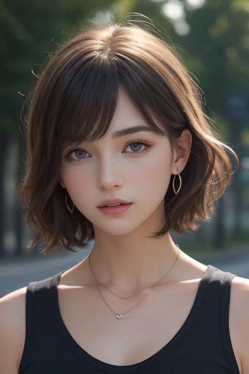 (photograph:1.2)、(photorealistic:1.3)、(masterpiece:1.3)、(Highest image quality:1.4)、ultra high resolution、(detailed eyes)、(detailed facial features)、(Detailed garment features)、8k resolution、solo focus、2 mature woman、small face、no makeup、Detailed beautiful eyes、bangs、dark brown hair、short cut hair、(realistic skin)、beautiful skin、charming、ultra high resolution、Super realistic、High definition、white shirt open,middlebre、small breasts、bust B cup、small breasts、cool beauty、Gray background、cinematic lighting、perfect、soft light、High resolution skin:1.2、realistic skin texture、2 mature woman、small face、no makeup、Bust B Cup、Detailed beautiful brown eyes、short hair、dark brown hair、Cool beauty、gray background high quality、masterpiece、High resolution、1 female、necklace、gem、Earrings、Beautiful Face、Body Up、Tyndall effect、Realistic、Rim Light、Two-tone lighting、(High resolutionスキン:1.2)、8k ウルトラHD、Digital SLR、Soft lighting、high quality、Volumetric lighting、photograph、High resolution、4K、8k、Brown haired woman、Adult、Small eyes、Perfect Mouth、Highly detailed eyes and mouth、Black natural eyes、Pure brown hair color、lol、Caucasian skin color、Hair quality and shine、street、town、road、congestion、lol顔，Upper teeth(Black tank top)
