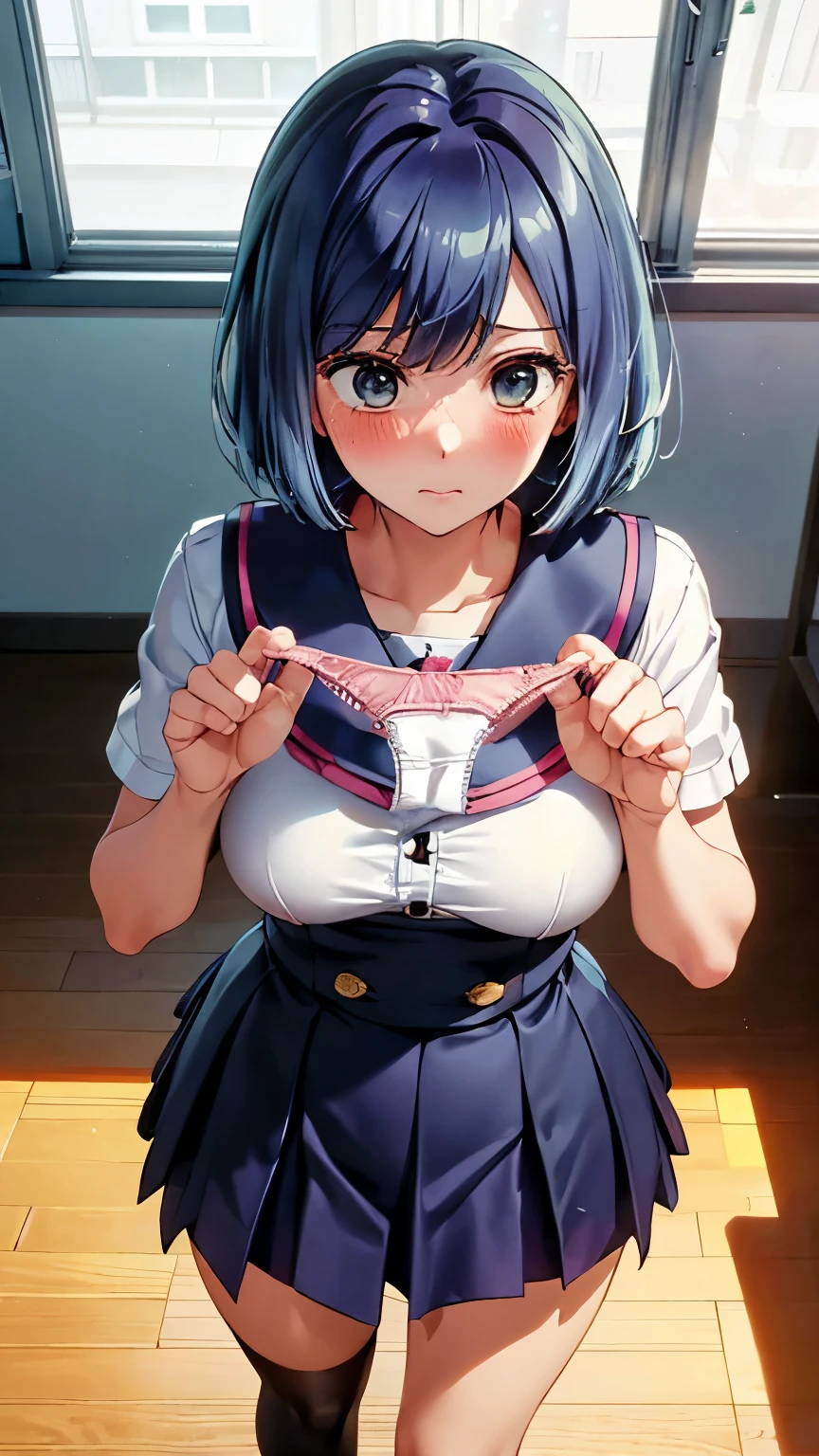 masutepiece, Best Quality,Illustration, Wallpaper, Ultra Detail,   Girl、(((molesting)))、Beautiful detailed eyes, Medium Short-Cut Hair, (fear:1.5)、(Teary-eyed:1.5)、Dark hair color、Fluffy Uniform,Uniform about to be taken off,(((Cute light blue underwear)))、(校服)、flat breast、((Morester))、In the warehouse、((Girl touched breast by man)),（Girl touched in the crotch by a man）