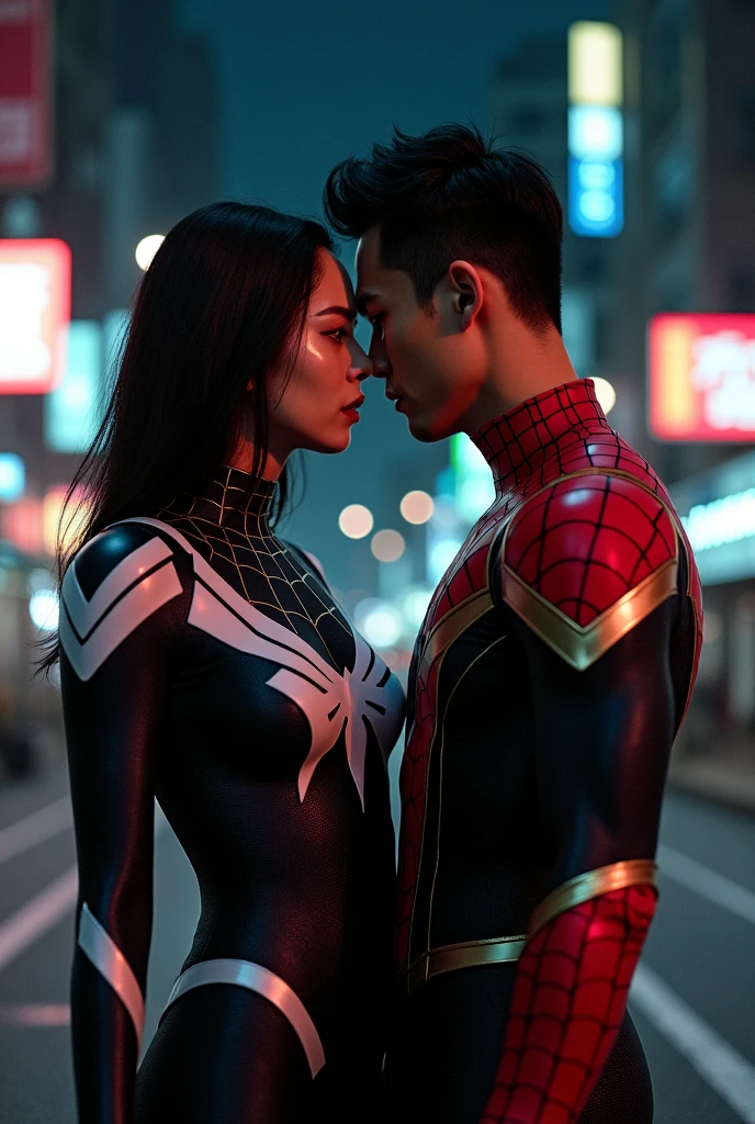 Create an image where a Korean woman wears a black and white spiderman suit, and a Korean man wearing a red and gold Iron-Spiderman superhero suit, In the image you have to see only half of his body, and the background is night,