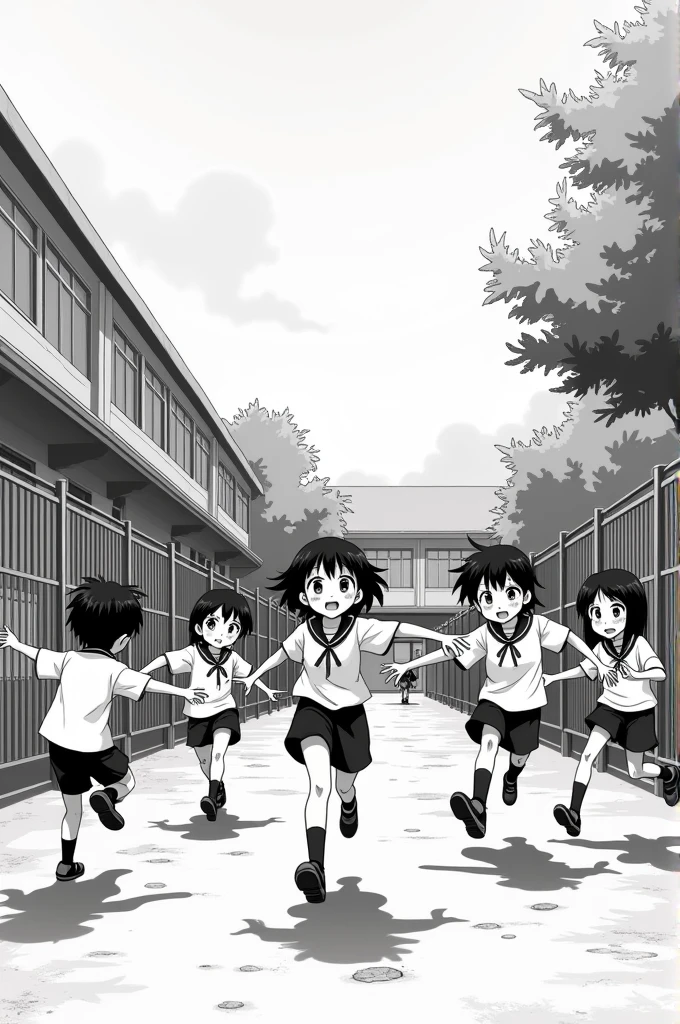 Students in anime format playing in the school yard in black and white