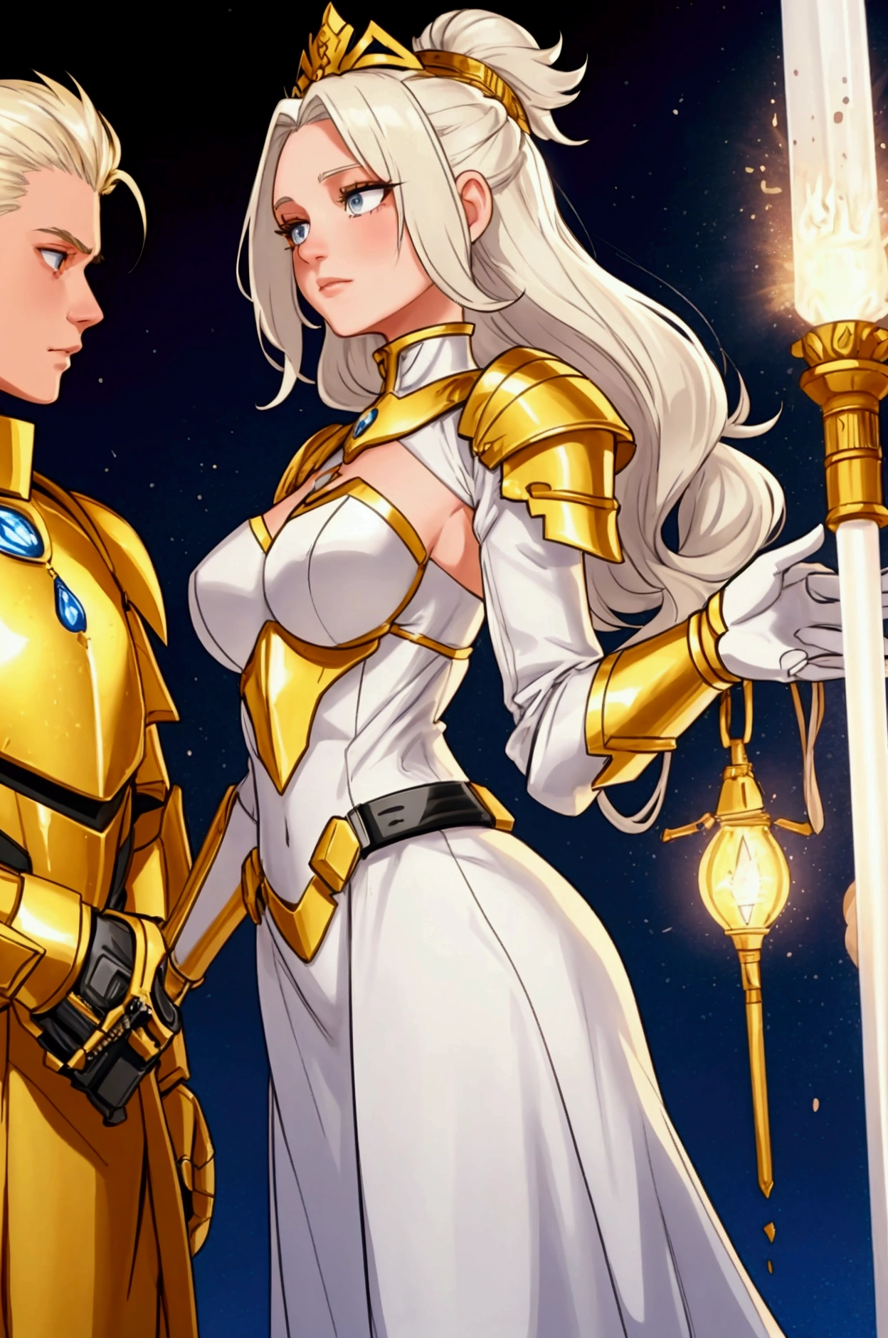 She has short, not very long, platinum blonde hair., with locks that frame her face, and golden eyes that shine with a warm and encouraging light. He wears light armor in shades of gold and white., which symbolizes purity and hope. His main weapon is a lightsaber., whose leaf seems to shine with a heavenly glow. Liora is extremely kind, optimistic and encouraging. Her positive nature and willingness to support others make her a key figure in keeping the group's spirits high.. She is always willing to offer a word of encouragement and help to those who need it., and his hopeful attitude is contagious. Although she is a formidable warrior, His focus is on inspiring and uplifting his peers rather than seeking conflict... full body from head to toe