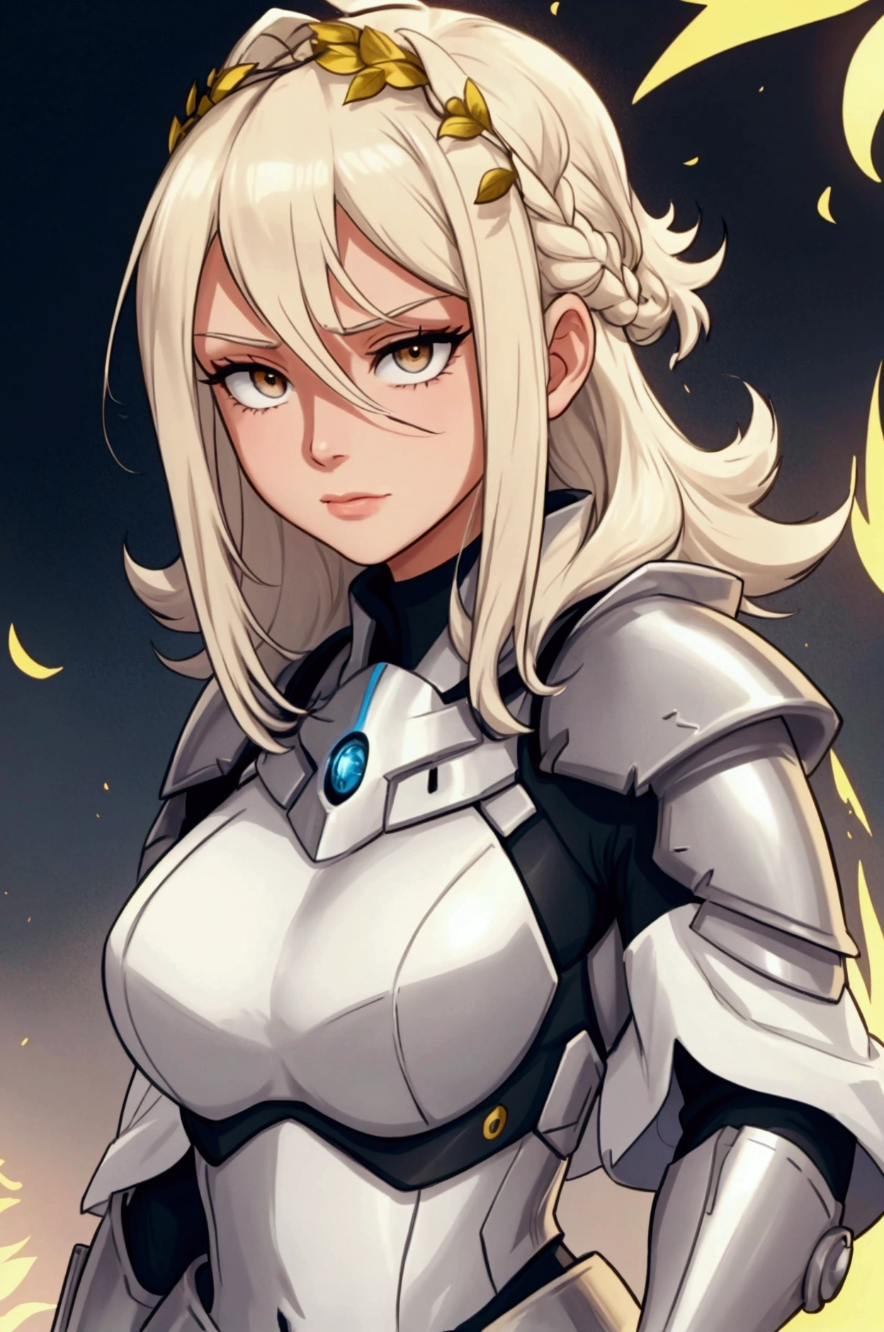 She has short, not very long, platinum blonde hair., with locks that frame her face, and golden eyes that shine with a warm and encouraging light. He wears light armor in shades of gold and white., which symbolizes purity and hope. His main weapon is a lightsaber., whose leaf seems to shine with a heavenly glow. Liora is extremely kind, optimistic and encouraging. Her positive nature and willingness to support others make her a key figure in keeping the group's spirits high.. She is always willing to offer a word of encouragement and help to those who need it., and his hopeful attitude is contagious. Although she is a formidable warrior, His focus is on inspiring and uplifting his peers rather than seeking conflict... full body from head to toe
