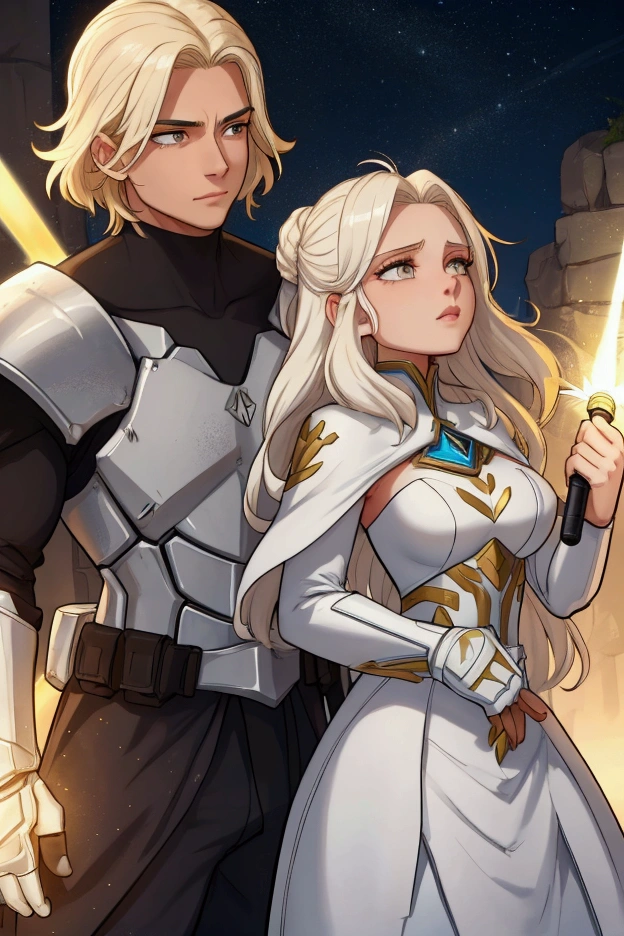 She has short, not very long, platinum blonde hair., with locks that frame her face, and golden eyes that shine with a warm and encouraging light. He wears light armor in shades of gold and white., which symbolizes purity and hope. His main weapon is a lightsaber., whose leaf seems to shine with a heavenly glow. Liora is extremely kind, optimistic and encouraging. Her positive nature and willingness to support others make her a key figure in keeping the group&#39;s spirits high.. She is always willing to offer a word of encouragement and help to those who need it., and his hopeful attitude is contagious. Although she is a formidable warrior, His focus is on inspiring and uplifting his peers rather than seeking conflict... full body from head to toe