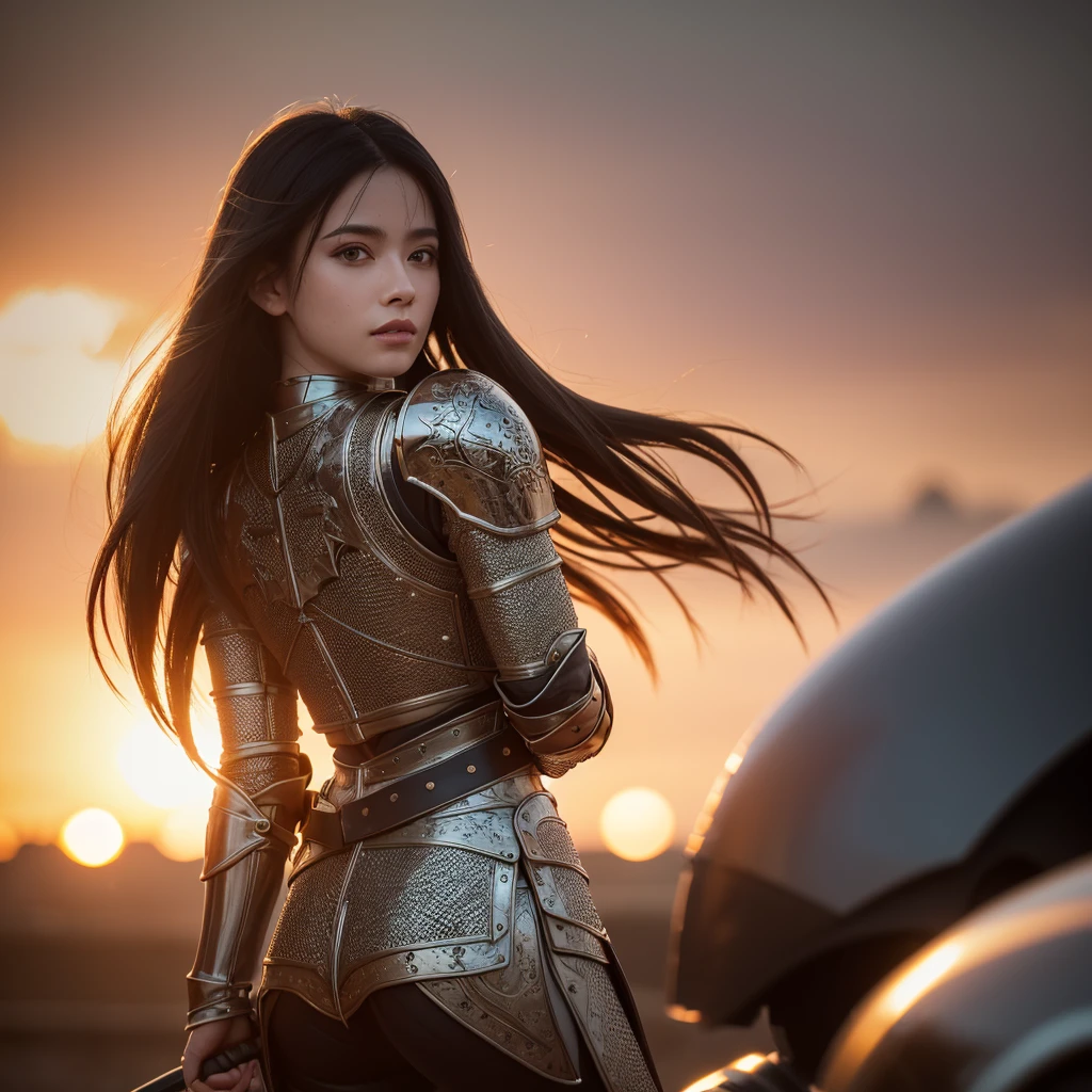 (work of art), (extremely complex:1.3), (realisitic), portrait of a , the most beautiful in the world, (medieval armor), metallic reflections, trunk, plein-air, Strong Sunlight, far away castle, professional photography of a stunning woman detailed, sharp focus, Dramatic, awardwinning, cinematic lighting, octane render unreal engine, volumetric dtx, (film grain, nblurry background, blurry foreground, bokeh, Depth of field, sunset, motion-blur:1.3), Chain mail