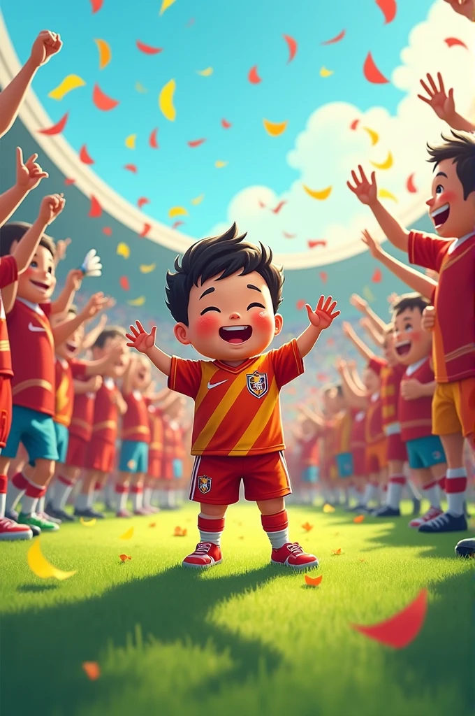 (Children's Day illustration), three children dressed in casual sportswear raise their hands and cheer on the football field, which is bright and warm, surrounded by streamers and balloons, and the crowd cheers. Characters occupy a small part of the picture.