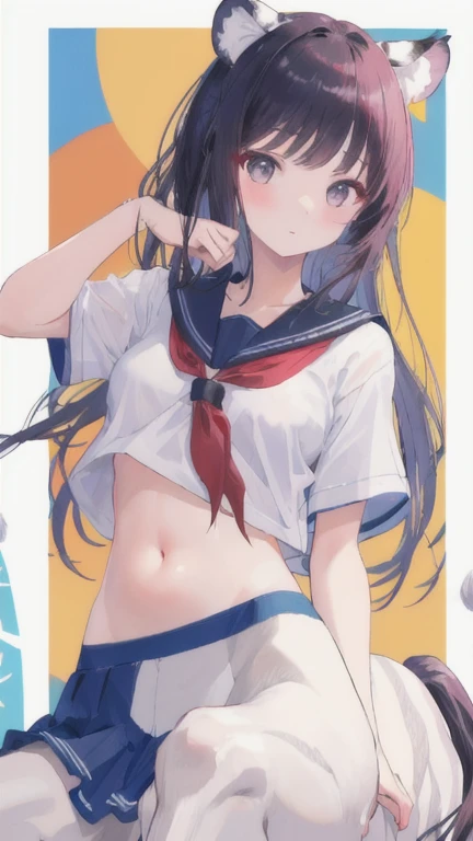 1girl, ((barasui)), newest, solo, , younger, aged down, little, blond hair, long hair, groin, serafuku, revealing clothes, side tie, necklace, bracelet, standing, contrapposto, head tilt, shy, parted lips, blush, sweat, wet, white background, simple background, peace sign, netorare, best quality, very aesthetic, absurdres