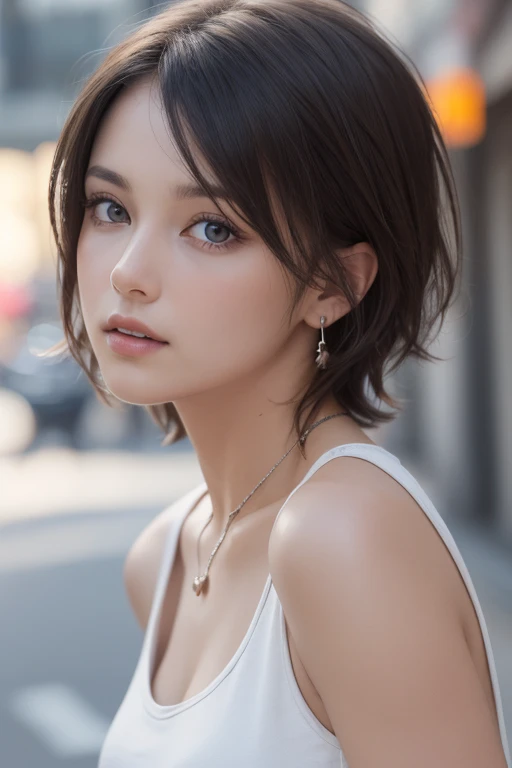 (photograph:1.2)、(photorealistic:1.3)、(masterpiece:1.3)、(Highest image quality:1.4)、ultra high resolution、(detailed eyes)、(detailed facial features)、(Detailed garment features)、8k resolution、solo focus、2 mature woman、small face、no makeup、Detailed beautiful eyes、bangs、dark brown hair、short cut hair、(realistic skin)、beautiful skin、charming、ultra high resolution、Super realistic、High definition、white shirt open,middlebre、small breasts、bust B cup、small breasts、cool beauty、Gray background、cinematic lighting、perfect、soft light、High resolution skin:1.2、realistic skin texture、2 mature woman、small face、no makeup、Bust B Cup、Detailed beautiful brown eyes、short hair、dark brown hair、Cool beauty、gray background high quality、masterpiece、High resolution、1 female、necklace、gem、Earrings、Beautiful Face、Body Up、Tyndall effect、Realistic、Rim Light、Two-tone lighting、(High resolutionスキン:1.2)、8k ウルトラHD、Digital SLR、Soft lighting、high quality、Volumetric lighting、photograph、High resolution、4K、8k、Brown haired woman、Adult、Small eyes、Perfect Mouth、Highly detailed eyes and mouth、Black natural eyes、Pure brown hair color、lol、Caucasian skin color、Hair quality and shine、street、town、road、congestion、lol顔,Upper teeth(Black tank top)