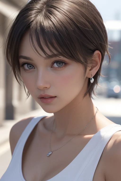 (photograph:1.2)、(photorealistic:1.3)、(masterpiece:1.3)、(Highest image quality:1.4)、ultra high resolution、(detailed eyes)、(detailed facial features)、(Detailed garment features)、8k resolution、solo focus、2 mature woman、small face、no makeup、Detailed beautiful eyes、bangs、dark brown hair、short cut hair、(realistic skin)、beautiful skin、charming、ultra high resolution、Super realistic、High definition、white shirt open,middlebre、small breasts、bust B cup、small breasts、cool beauty、Gray background、cinematic lighting、perfect、soft light、High resolution skin:1.2、realistic skin texture、2 mature woman、small face、no makeup、Bust B Cup、Detailed beautiful brown eyes、short hair、dark brown hair、Cool beauty、gray background high quality、masterpiece、High resolution、1 female、necklace、gem、Earrings、Beautiful Face、Body Up、Tyndall effect、Realistic、Rim Light、Two-tone lighting、(High resolutionスキン:1.2)、8k ウルトラHD、Digital SLR、Soft lighting、high quality、Volumetric lighting、photograph、High resolution、4K、8k、Brown haired woman、Adult、Small eyes、Perfect Mouth、Highly detailed eyes and mouth、Black natural eyes、Pure brown hair color、lol、Caucasian skin color、Hair quality and shine、street、town、road、congestion、lol顔,Upper teeth(Black tank top)
