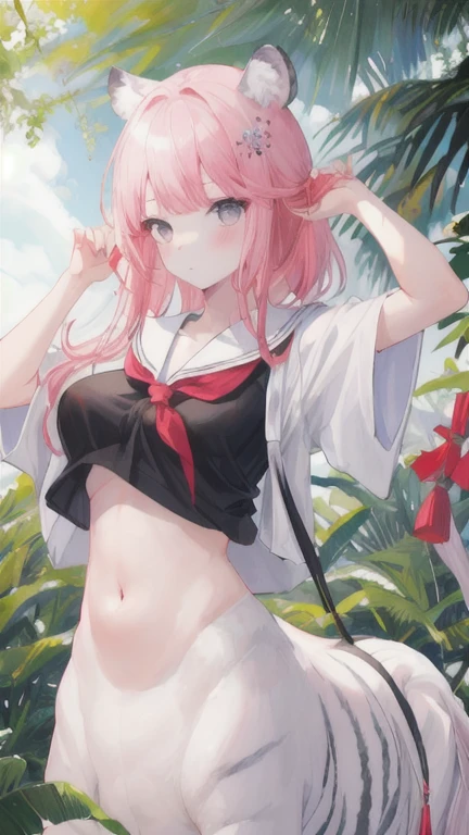 (best quality, masterpiece), 1 girl, centaur, I beg, White skin, Japanese schoolgirl,daughter,black pink, exposing the abdomen, belly button t-shirt , Beautiful girl perfect white tiger photo, Perfect jungle photo