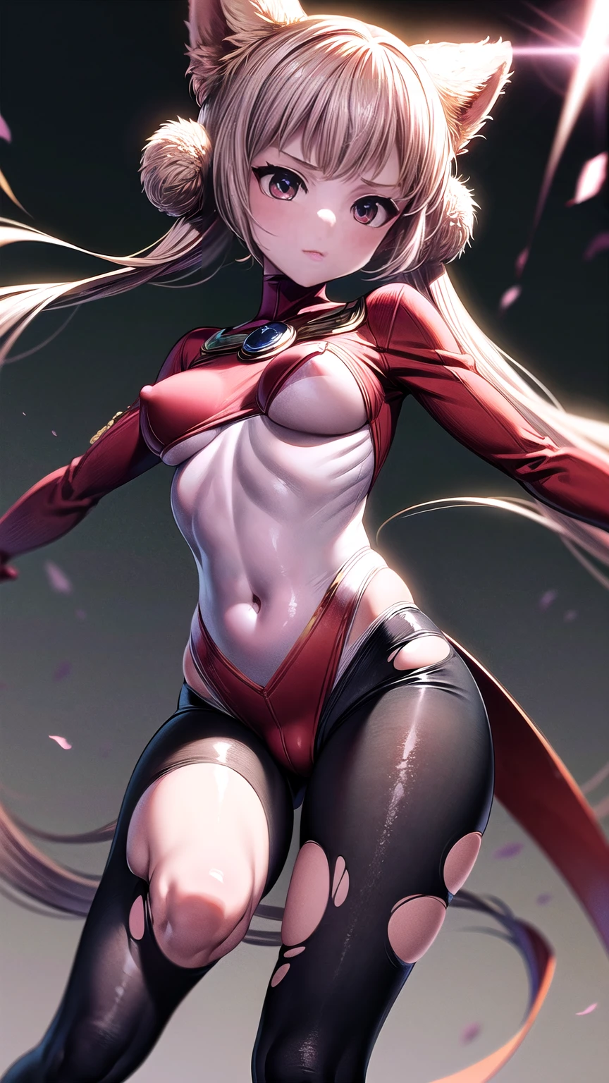 Harle (Chrono Cross), 1girl, slender acrobatic build, partial harlequin outfit, torn red unitard with high leg cut outs, exposed midriff, torn lacy flowing leggings, ((thigh cutouts)), fighting poses, full length portrait, wide angle, dramatic lighting, cinematic composition, color harmony, hyper-detailed, 8k, masterpiece, intricate details, no bra, strong_negative 