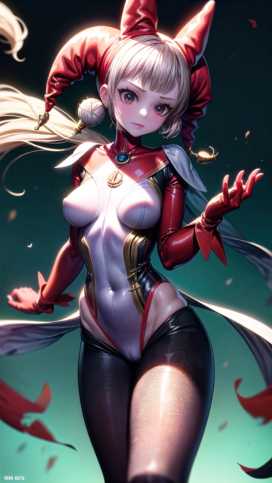 Harle (Chrono Cross), 1girl, slender acrobatic build, partial harlequin outfit, torn red unitard with high leg cut outs, exposed midriff, torn lacy flowing leggings, ((thigh cutouts)), fighting poses, full length portrait, wide angle, dramatic lighting, cinematic composition, color harmony, hyper-detailed, 8k, masterpiece, intricate details, no bra, strong_negative