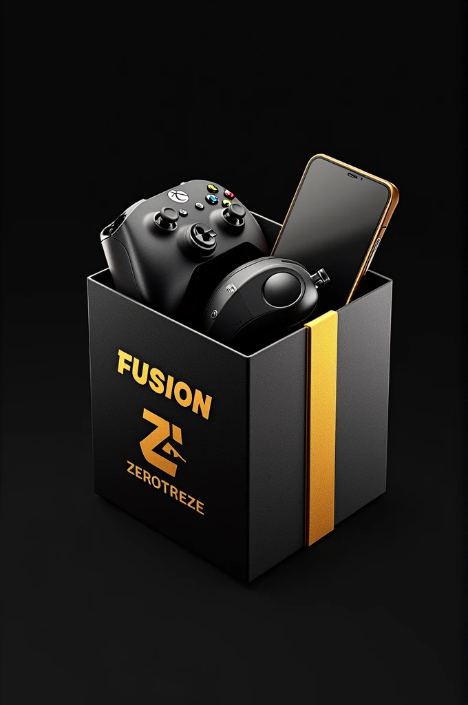 Logo for accessories store, coming out of a gift box a video game, a cell phone and a headset in black and gold with the name Fusion Zerotreze highlighted