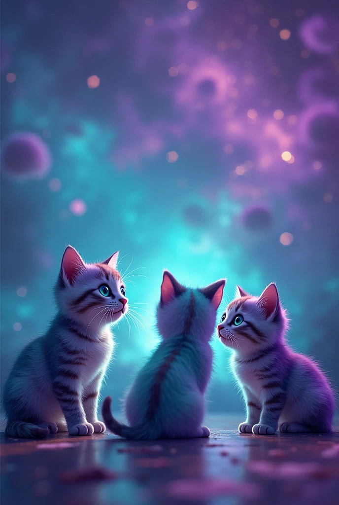 create multiple realistic kittens, super cute, looking at screen, they are turquoise with purple, the background is a turquoise galaxy with purple, 