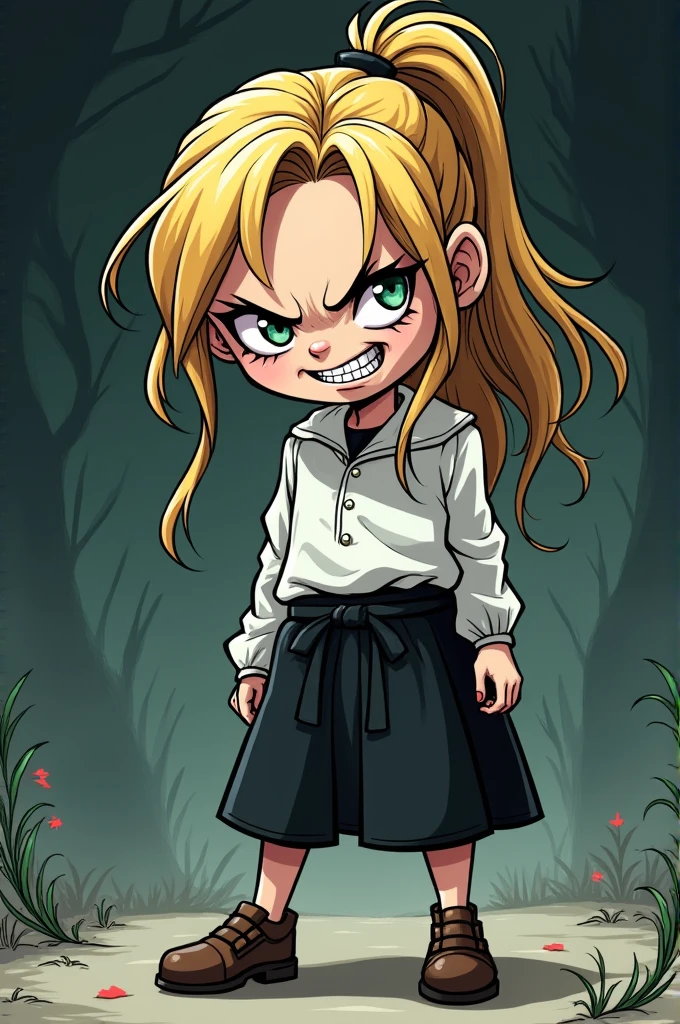 Evil girl with evil face tied blonde hair white and black clothes brown shoes in cartoon style drawing