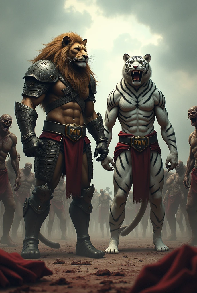 Two warriors: A humanoid lion warrior,  wearing a belt that says PWW, along with a white tiger also humanoid and wearing the same belt, facing a horde of bloodied human zombies.