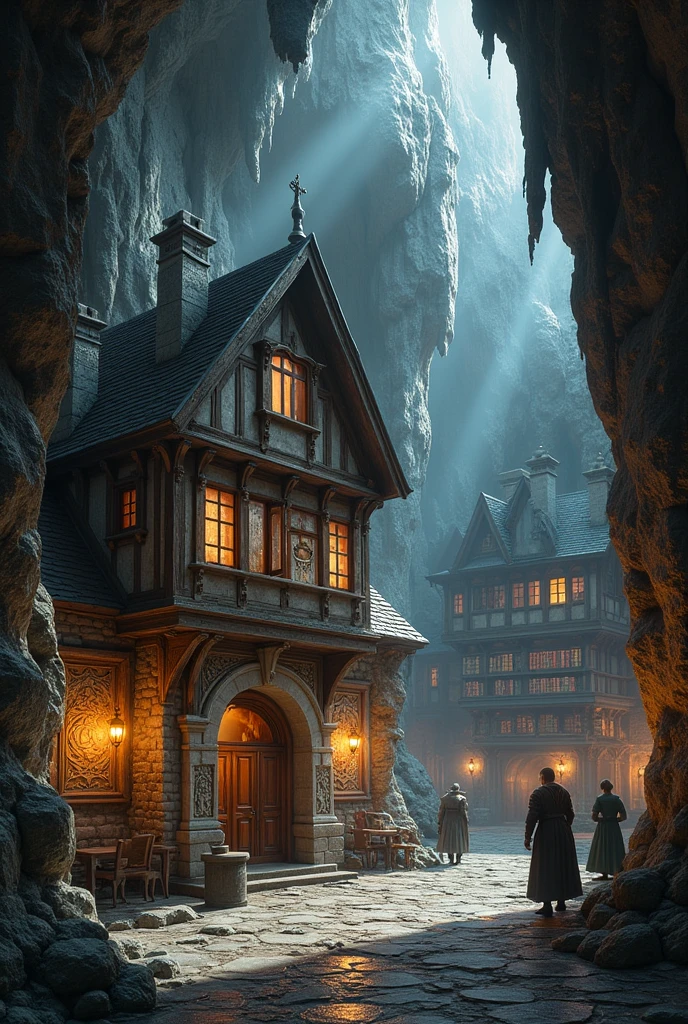 stone inn, with a cave background (medieval style with gods and (library type)