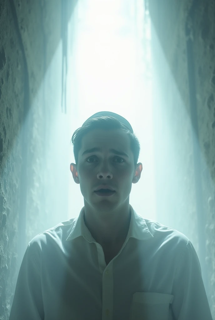Young Jew with a kippah, accessing another dimension. Dizziness fear horror white light