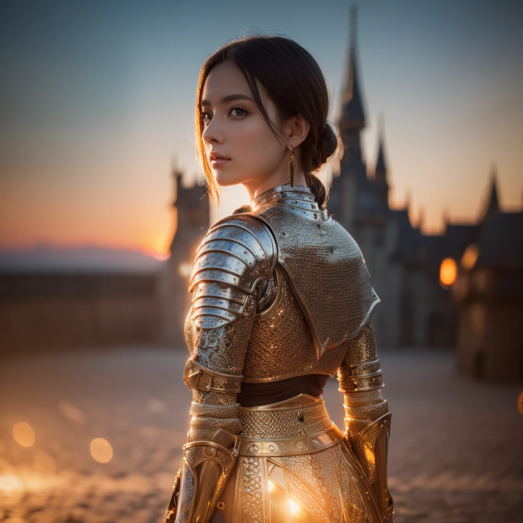 (work of art), (extremely complex:1.3), (realisitic), portrait of a , the most beautiful in the world, (medieval armor), metallic reflections, trunk, plein-air, Strong Sunlight, far away castle, professional photography of a stunning woman detailed, sharp focus, Dramatic, awardwinning, cinematic lighting, octane render unreal engine, volumetric dtx, (film grain, nblurry background, blurry foreground, bokeh, Depth of field, sunset, motion-blur:1.3), Chain mail