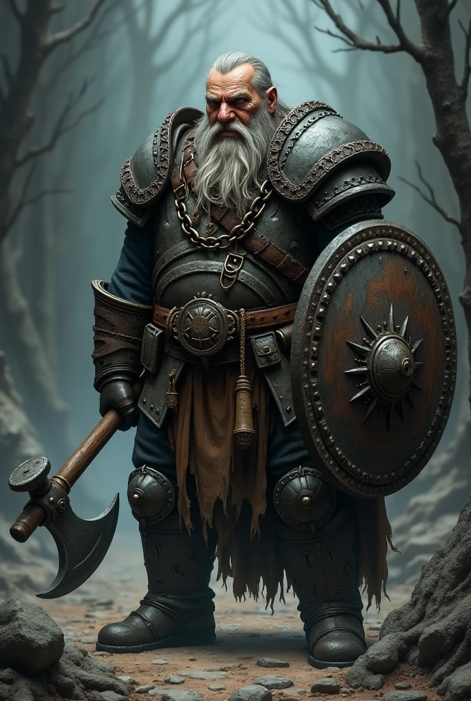 A gloomy, grim fantasy dwarf in full chain armour, thin middle-aged man, with long beard and short hair, holds a battle axe in one hand and a shield in the other, a blacksmith's hammer, which is attached to his belt