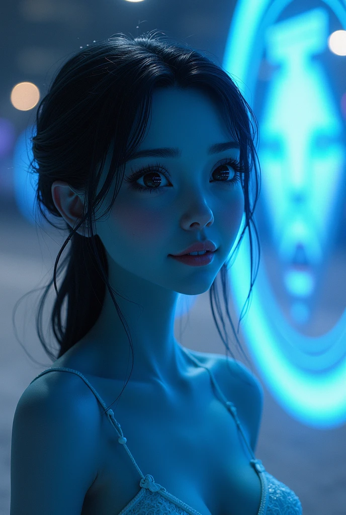Blue-skinned alien woman smiling with her eyes and hair as dark as coal, positioned at a thirty degree angle facing the fourth screen on another planet
