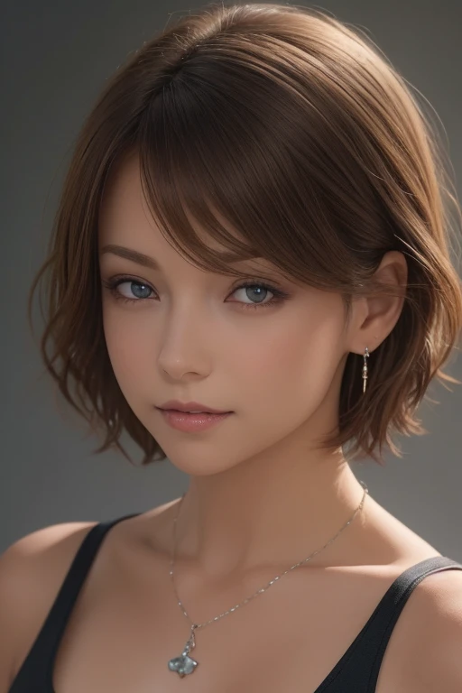 (photograph:1.2)、(photorealistic:1.3)、(masterpiece:1.3)、(Highest image quality:1.4)、ultra high resolution、(detailed eyes)、(detailed facial features)、(Detailed garment features)、8k resolution、solo focus、2 mature woman、small face、no makeup、Detailed beautiful eyes、bangs、dark brown hair、short cut hair、(realistic skin)、beautiful skin、charming、ultra high resolution、Super realistic、High definition、white shirt open,middlebre、small breasts、bust B cup、small breasts、cool beauty、Gray background、cinematic lighting、perfect、soft light、High resolution skin:1.2、realistic skin texture、2 mature woman、small face、no makeup、Bust B Cup、Detailed beautiful brown eyes、short hair、dark brown hair、Cool beauty、gray background high quality、masterpiece、High resolution、1 female、necklace、gem、Earrings、Beautiful Face、Body Up、Tyndall effect、Realistic、Rim Light、Two-tone lighting、(High resolutionスキン:1.2)、8k ウルトラHD、Digital SLR、Soft lighting、high quality、Volumetric lighting、photograph、High resolution、4K、8k、Brown haired woman、Adult、Small eyes、Perfect Mouth、Highly detailed eyes and mouth、Black natural eyes、Pure brown hair color、lol、Caucasian skin color、Hair quality and shine、street、town、road、congestion、lol顔,Upper teeth(Black tank top)