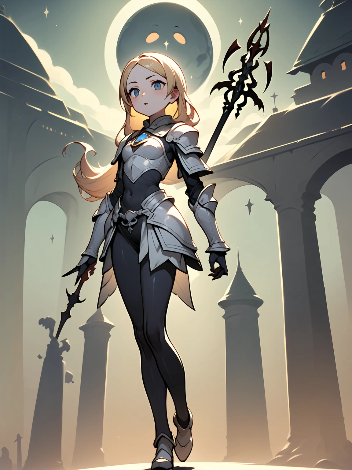 (((Masterpiece, best quality, 16k))) female character with long blonde hair and bright blue eyes. She wears a celestial armor in white, gold, and blue. wields a divine spear. The character has a determined expression, with a heavenly realm as the background. ((full body front view)). ((slender)), (extremely detailed:1.5), (long blonde hair:1.2), (bright blue eyes:1.2), (heavenly realm:1.1), (celestial armor:1.3), (divine spear:1.3).