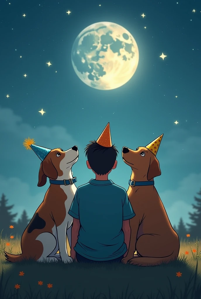 Two dogs with birthday hats back to back looking at the moon with a young man with birthday hat back to back sitting in the middle , A large beagle and a small Labrador