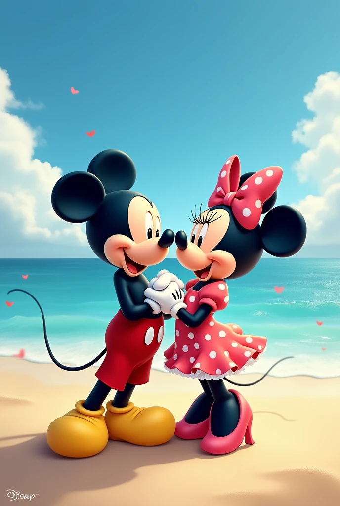 Mickey and Minnie Mouse in love on beach background with the Date of 14.06.2020