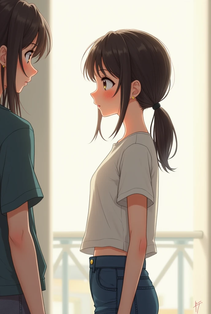 A beautiful young girl, wearing a t-shirt and a jeans pants, side profile view, she is talking to someone but the person isn't in the image, realistic full body portrait, anime style
