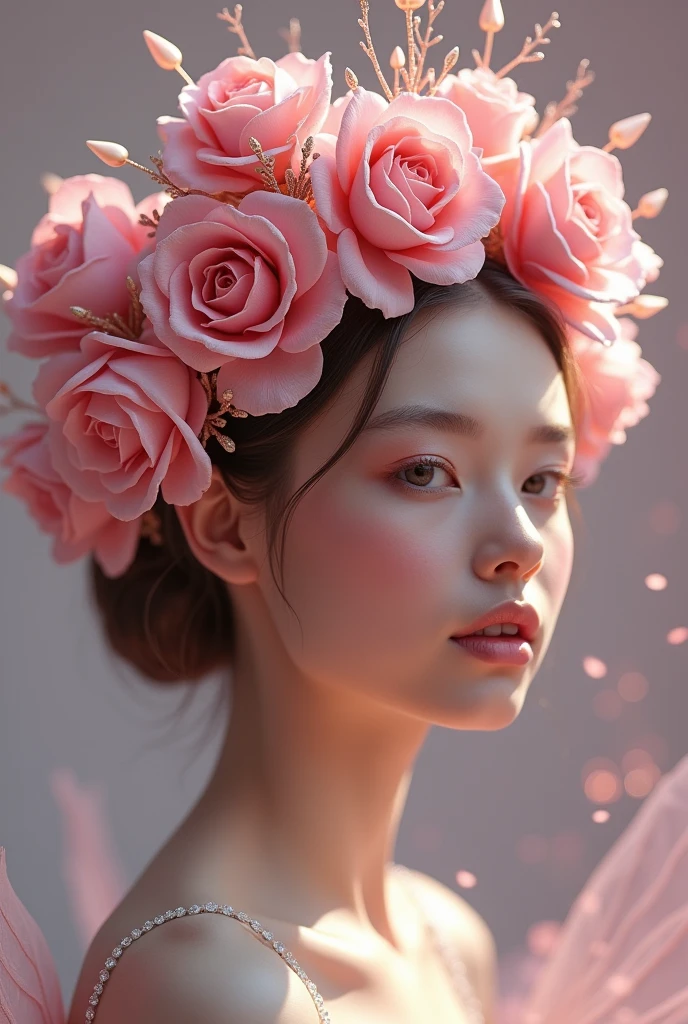 A realistic fairy crown, with pink and pastel pink and glitter, where you can clearly see how it is composed, beautiful, with brighter ones, with different shades of roses, lighter and darker , on the head of a model that shows a nice shape, and striking, with bright , that the crown is more visible than the model, and that the flowers are not so big and not literally a crown
