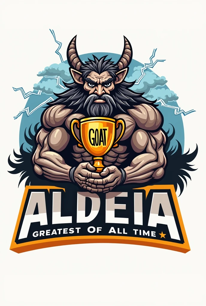 Create a sports logo with the name ALDEIA featuring a mascot of the thunder god Tupã holding a trophy that says goat inside.