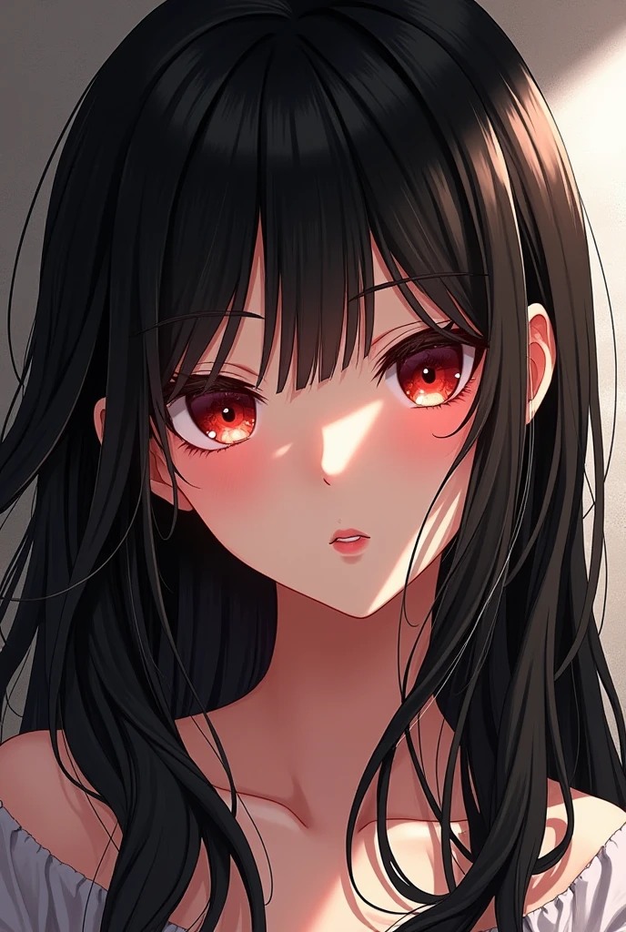 A girl with long black hair and carmine-colored eyes in anime style in one piece