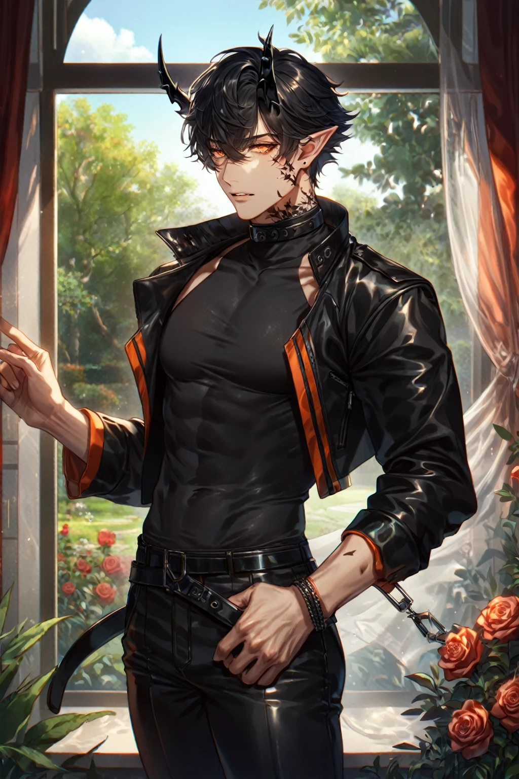 absurdres, highres, ultra detailed, HDR) master piece, best quality, extremely detailed, detailed face, detailed eyes, delicated features, Flamebringer, black hair, expressive orange eyes, Arknights, solo, sexy man, handsome, toned, sensual, black horns, slightly pointed ears, black marks on the face, cropped leather jacket with orange patterns, tight turtleneck shirt, collar, black leather pants, window, red curtains, garden, red roses