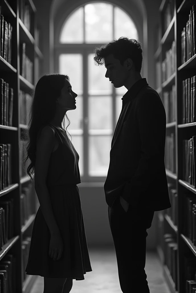 two young people (man and woman) 20 and 2 in the library talking a little apart, old black and white image