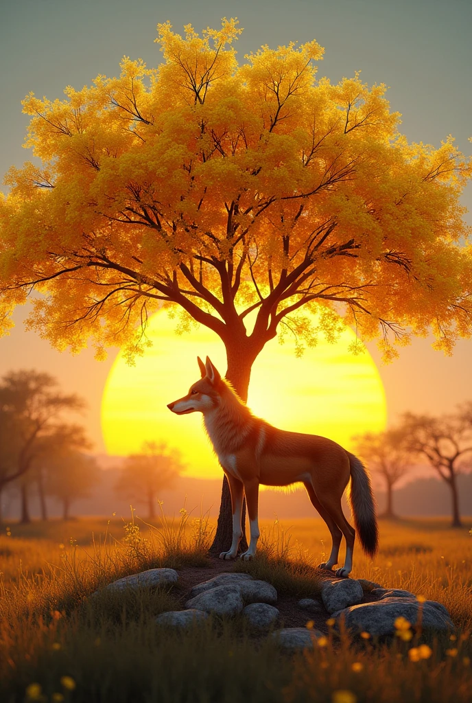 Mandala shaped image, in the background the sun is setting, in front a yellow ipe from the cerrado, under the ipe a maned wolf 
