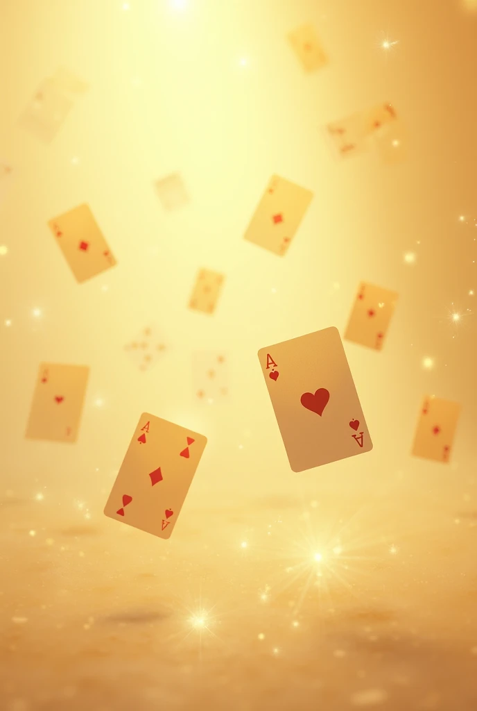 Image with soft yellow background, with small scattered sparkles and with playing cards falling very lightly and clearly, almost transparent