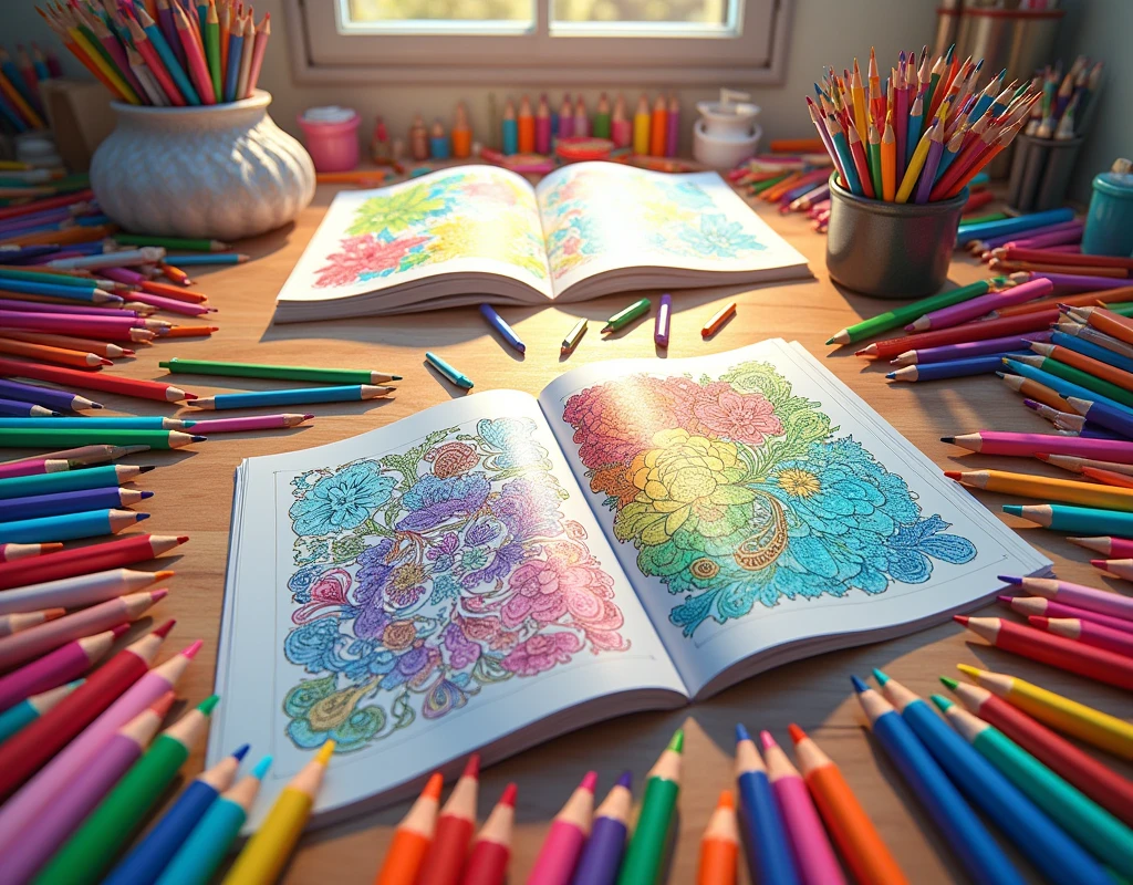 table full of colors and a couple of open coloring books