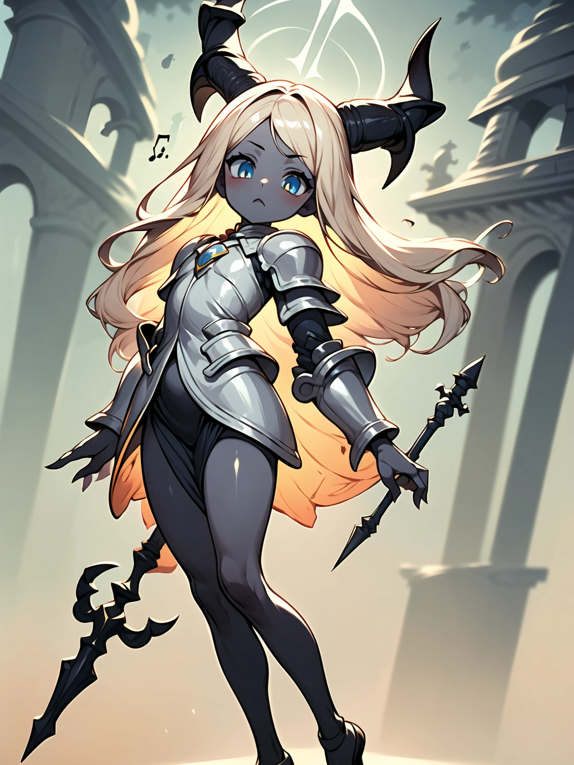 (((Masterpiece, best quality, 16k))) female character with long blonde hair and bright blue eyes. She wears a celestial armor in white, gold, and blue. wields a divine spear. The character has a determined expression, with a heavenly realm as the background. ((full body front view)). ((slender)), (extremely detailed:1.5), (long blonde hair:1.2), (bright blue eyes:1.2), (heavenly realm:1.1), (celestial armor:1.3), (divine spear:1.3), (devil:1.3), (pure black skin:1.3), (dynamic angle:1.2).

