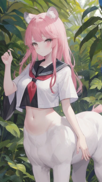(best quality, masterpiece), 1 girl, centaur, I beg, White skin, Japanese schoolgirl,daughter,black pink, exposing the abdomen, belly button t-shirt , Beautiful girl perfect white tiger photo, Perfect jungle photo