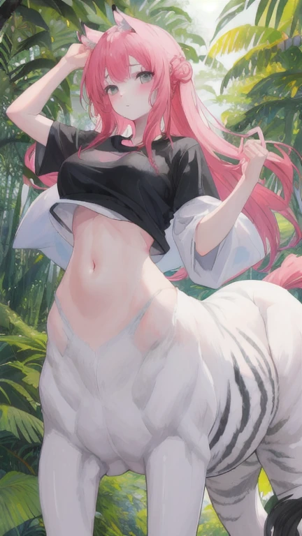 (best quality, masterpiece), 1 girl, centaur, I beg, White skin, Japanese schoolgirl,daughter,black pink, exposing the abdomen, belly button t-shirt , Beautiful girl perfect white tiger photo, Perfect jungle photo