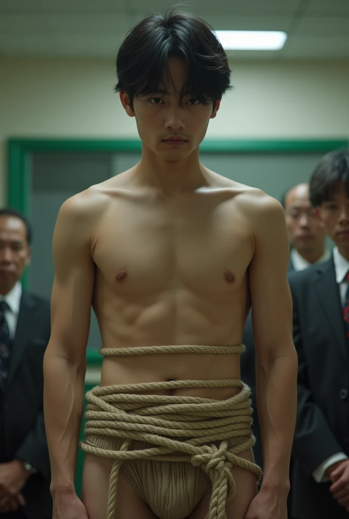 1boy、Handsome Men、Japanese male, 、Completely naked、Full nudity、erection、Huge penis、Highest quality、Realistic、beautiful、Sad look、 ((((Completely tied up with rope)))), ((((A very tight rope is crisscrossed over the chest)))),(((Body bound with tight rope)))、whole body、Surrounded by old men in suits、In a school classroom、erection、完全Completely naked