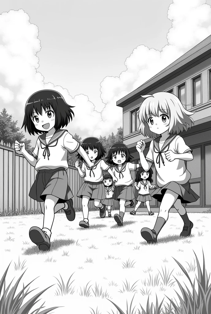 Students in anime format playing in the school yard exploring in black and white