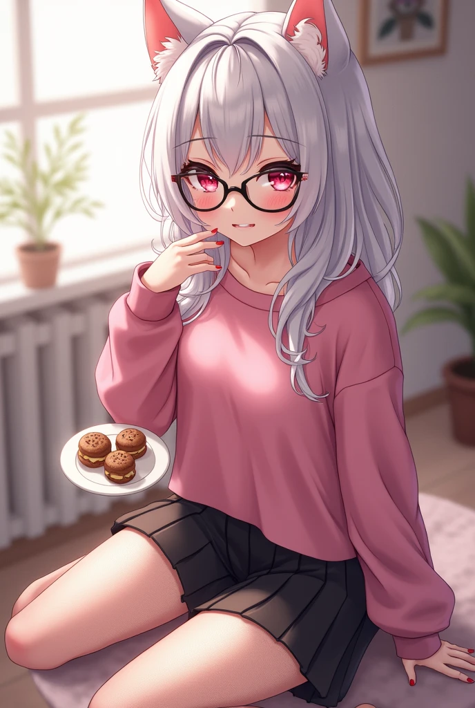 that she has a shy face that she has white hair, cat ears, black glasses, pink eyes, a super blushed pink sweatshirt, a low skirt, black shorts, black mesh stockings that she is a super reserved girl sitting eating cookies