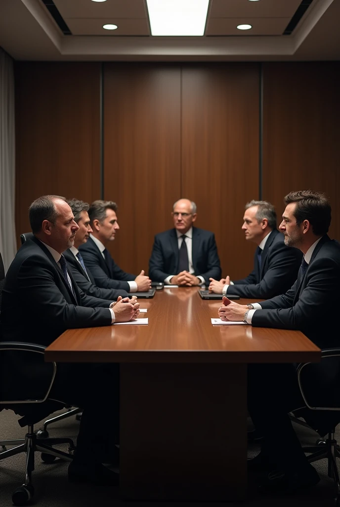 A clear photo of 7 powerful gentlemen on black suit in a board room