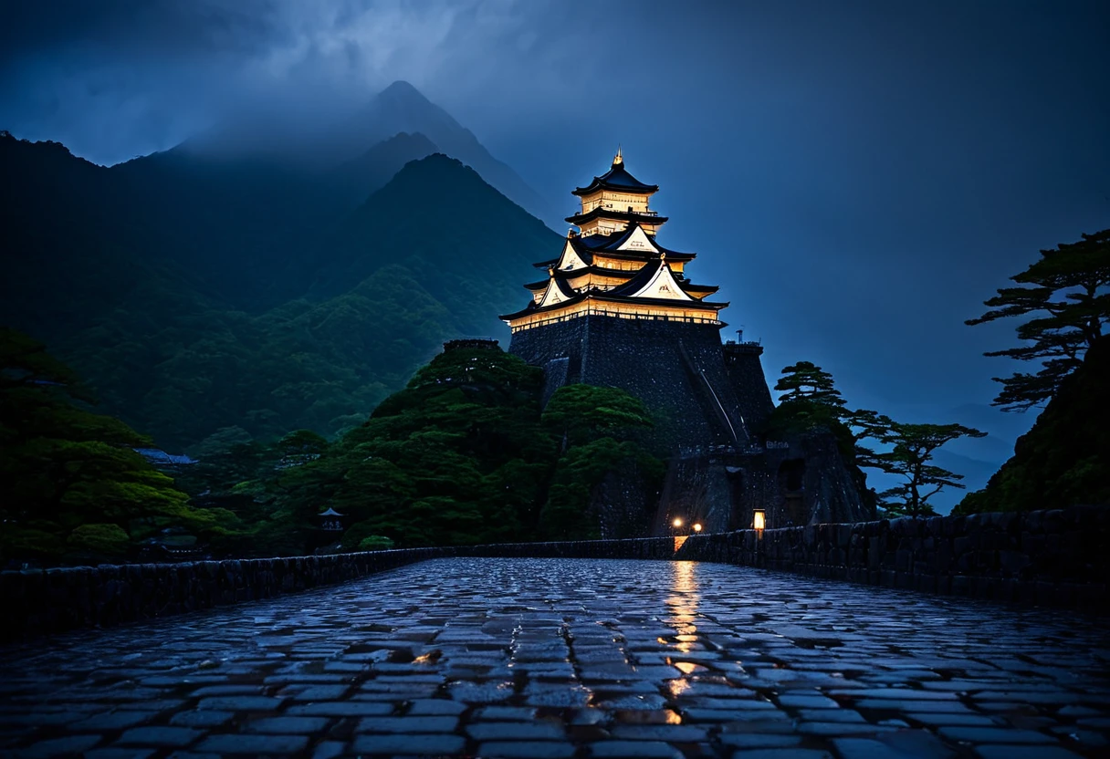 In Japan's Sengoku period, on a stormy, rain-soaked night, the eternal castle standing between the mountains shines like a divine presence. Its enchanting light emerges from the darkness, captivating and instilling fear in those who behold it. The wet cobblestones quietly reflect the glow, while the light seeping through the castle walls creates a magical scene. This eternal castle symbolizes the strength and beauty that have withstood the turbulent waves of war, leaving an indelible mark on the hearts of all who witness it.