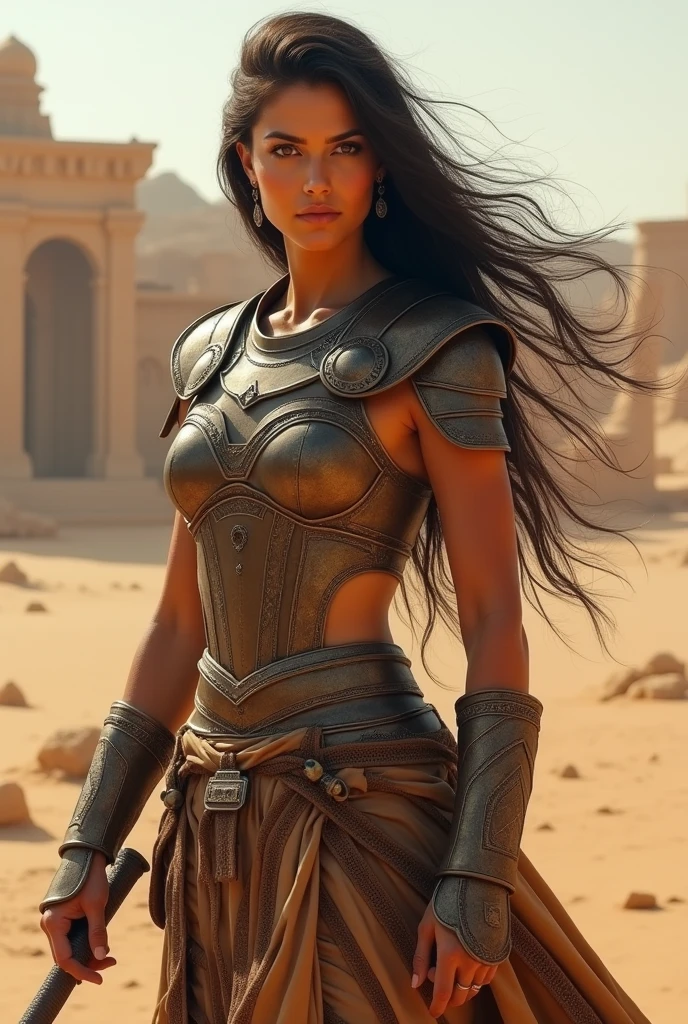 (masterpiece), full hd, best quality, 1 girl, solo, , beautiful, shapely, big hips, big breasts, innocent, Pure, delicate, Proportional body, perfect body figure, cold face, long hair flying in the wind, Photos with depth, wind, (masterpiece), full hd, best quality, expressive eyes, perfect face, 1 girl, solo, Portrait of an ancient Persian female warrior wearing armor fighting fiercely in the desert, In the distance is an ancient temple, long legs