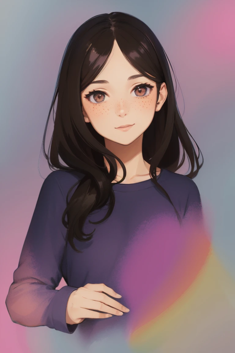 Full body, a woman with freckles, dark brown eyes, and an upturned nose, she is happy, she has long wavy black hair, wearing aviator sunglasses with clear lenses in a soft watercolor style. The girl must be in pink, purple, and blue in celebration of the bisexual, with stains of ink and watercolor mixing and filling the scene. There should be a subtle, nuanced change in colors using the impasto technique with gouache paint. There should be a light rain in the watercolor painting with a little watercolor paper texture and a pastel background.