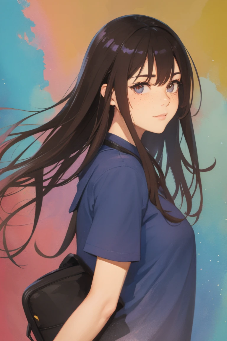 Full body, a woman with freckles, dark brown eyes, and an upturned nose, she is happy, she has long wavy black hair, wearing aviator sunglasses with clear lenses in a soft watercolor style. The girl must be in pink, purple, and blue in celebration of the bisexual, with stains of ink and watercolor mixing and filling the scene. There should be a subtle, nuanced change in colors using the impasto technique with gouache paint. There should be a light rain in the watercolor painting with a little watercolor paper texture and a pastel background.